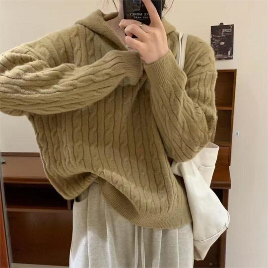 Damen Kuscheliger Strickpullover mit Kapuze und Kabelmuster EB