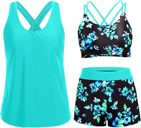 Damen Sportliches Tankini-Set mit floralem Oberteil und Shorts EB