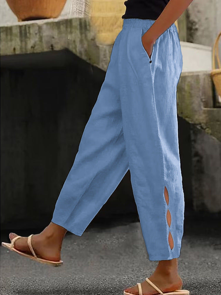 Damen Leichte Leinenhose mit seitlichen Schlitzen und elastischem Bund EB
