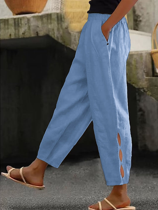 Damen Leichte Leinenhose mit seitlichen Schlitzen und elastischem Bund EB