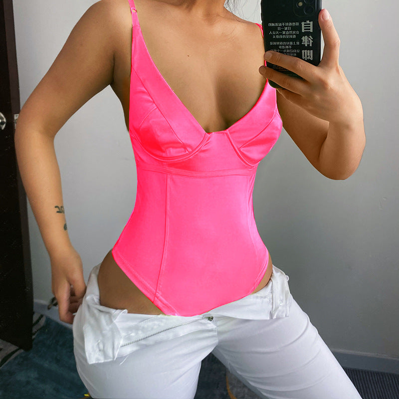Damen Satin-Bustier-Top mit tiefem V-Ausschnitt und eleganter Passform EB