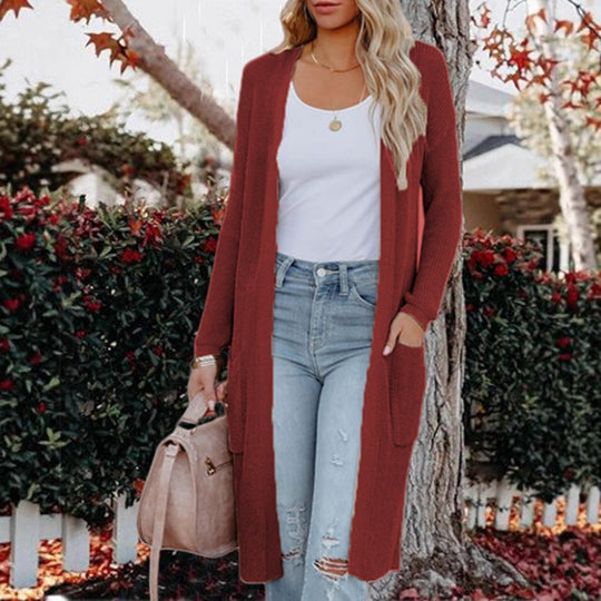 Damen langer Strickcardigan mit offenen Taschen und feinem Rippdesign EB