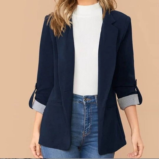 Damen stilvolle und vielseitige Blazerjacke mit umgeschlagenen Ärmeln EB