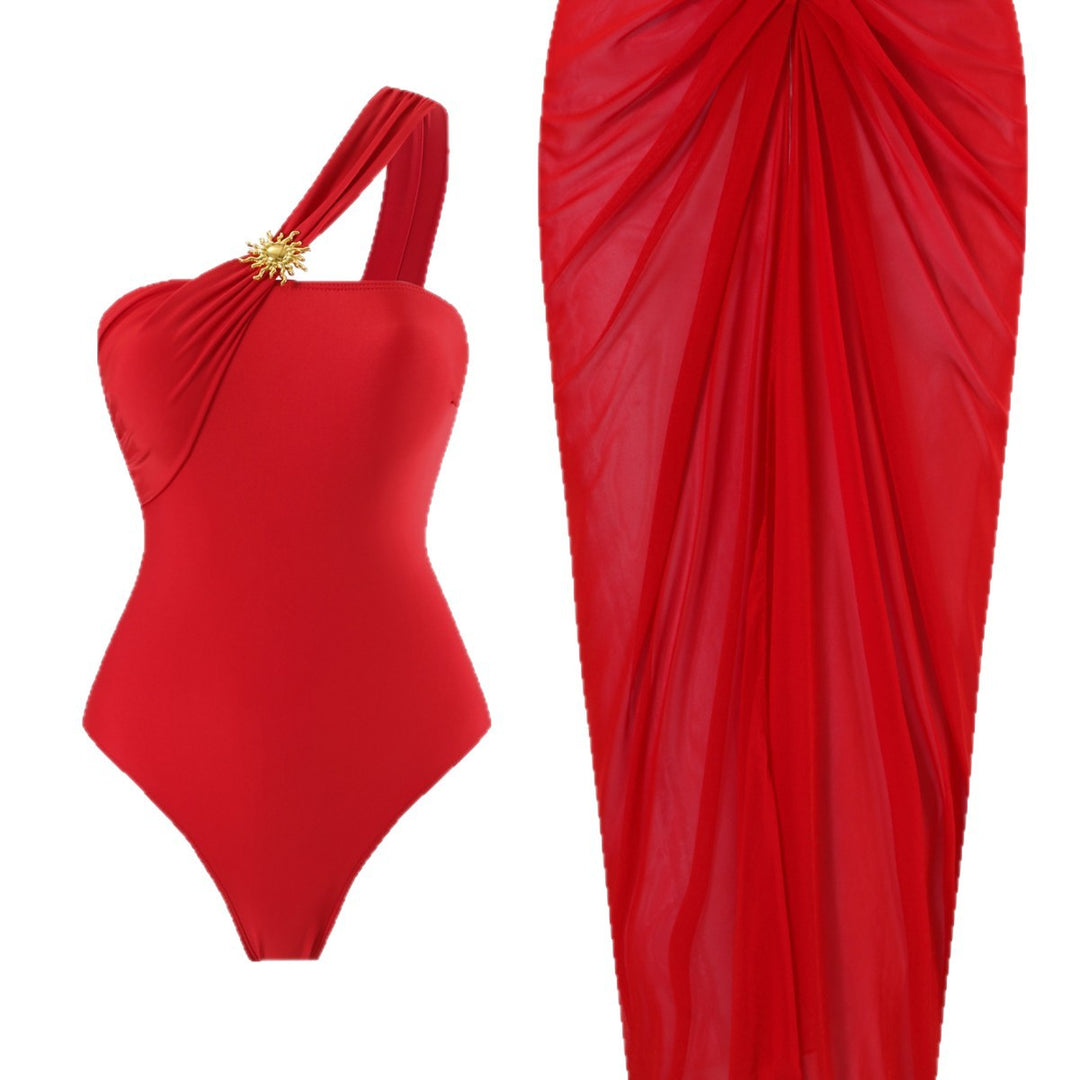 Damen einseitiger Badeanzug mit elegantem Drapierungsdesign und passendem Pareo EB