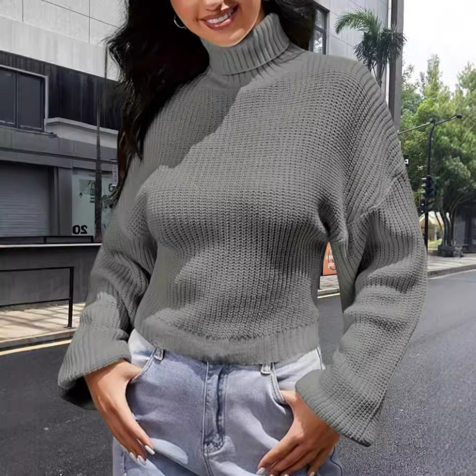 Damen Strickpullover mit hohem Kragen und lässigem Schnitt EB