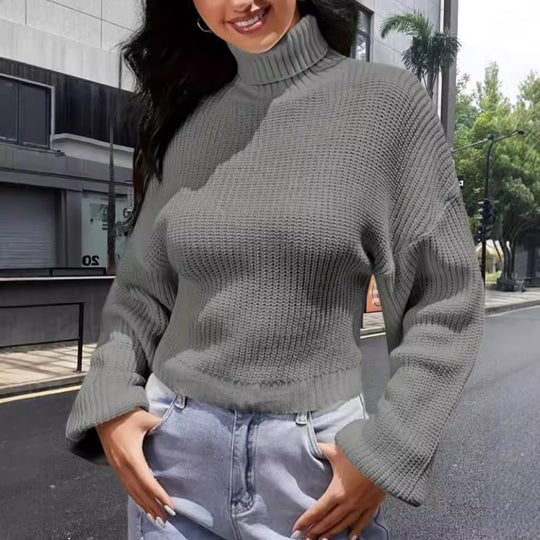 Damen Strickpullover mit hohem Kragen und lässigem Schnitt EB