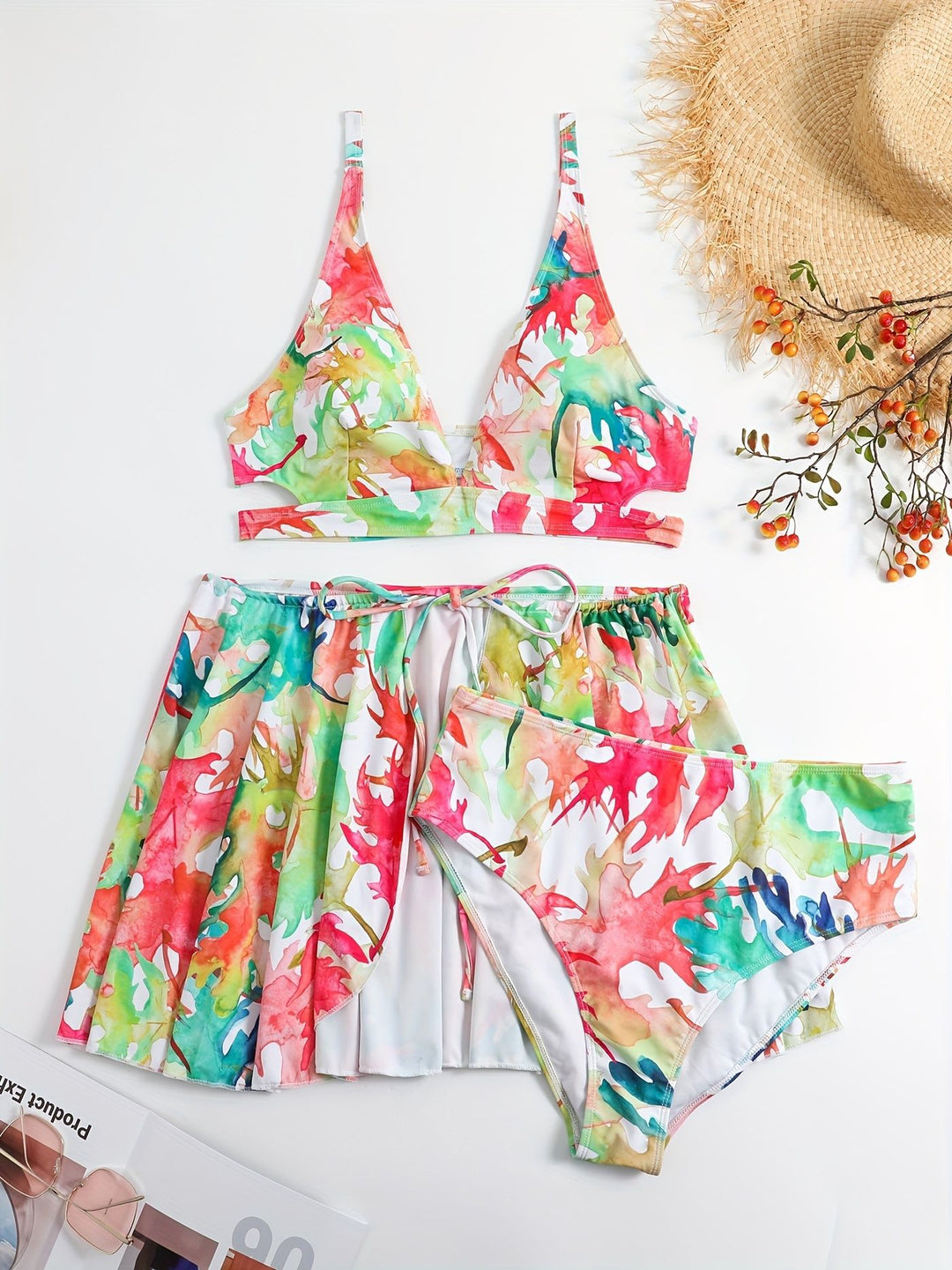 Damen Bikini-Set mit fließendem Rock und verspieltem Print EB