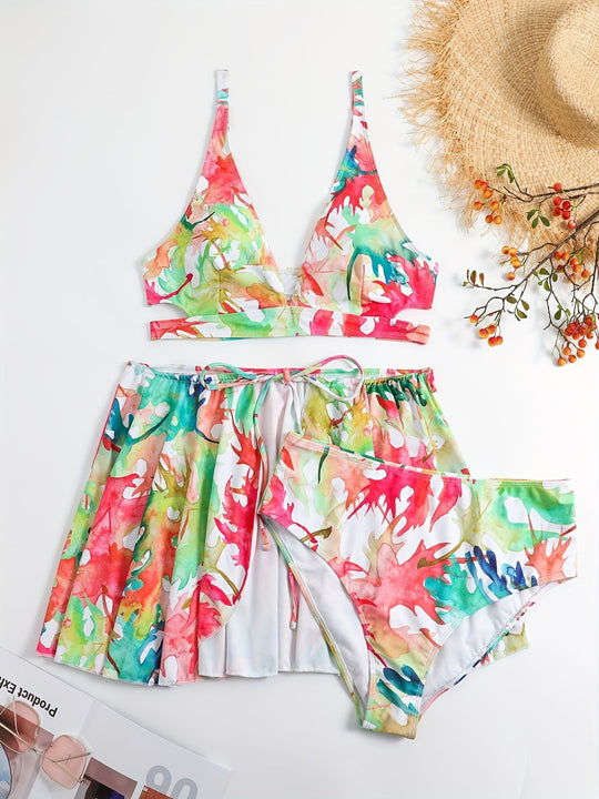 Damen Bikini-Set mit fließendem Rock und verspieltem Print EB