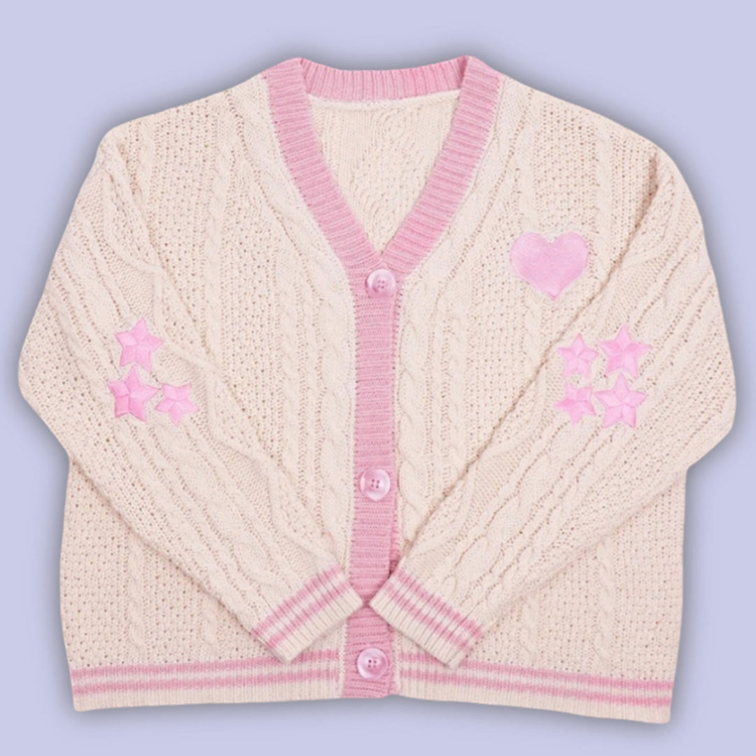 Damen nan gestrickte Cardigan mit Zopfmuster V-Ausschnitt und Herz- und Sternapplikationen EB