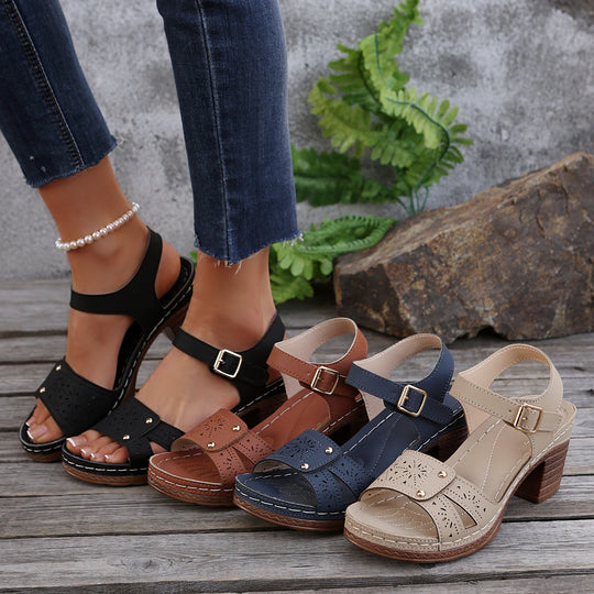 Damen elegante Sandalen mit verzierten Riemchen und Blockabsatz EB