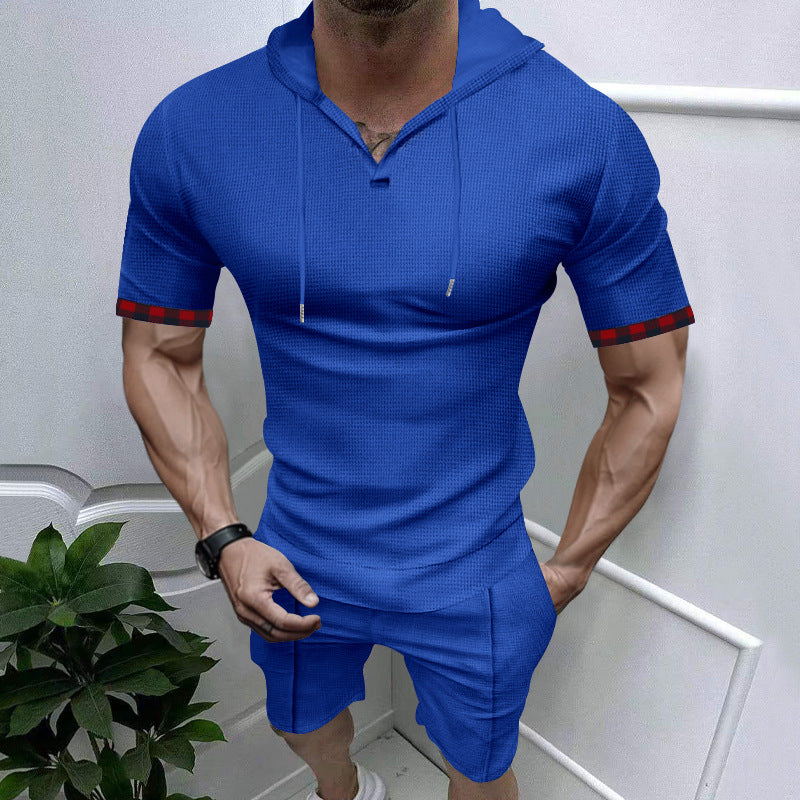 Herren sportliches Kurzarm-Hemden- und Shorts-Set mit Kapuze und kontrastierenden Ärmelabschlüssen EB