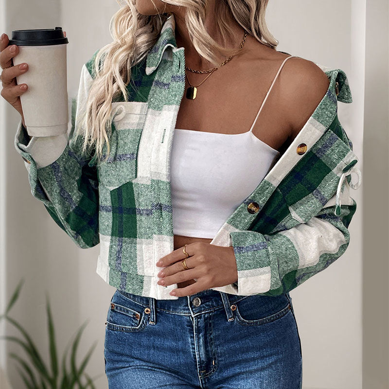 Damen lässige Karojacke mit praktischen Taschen und modischen Knopfdetails EB