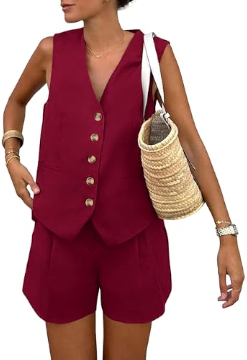 Damen elegantes Jumpsuit-Set mit tailliertem Schnitt und dekorativen Knopfdetails EB