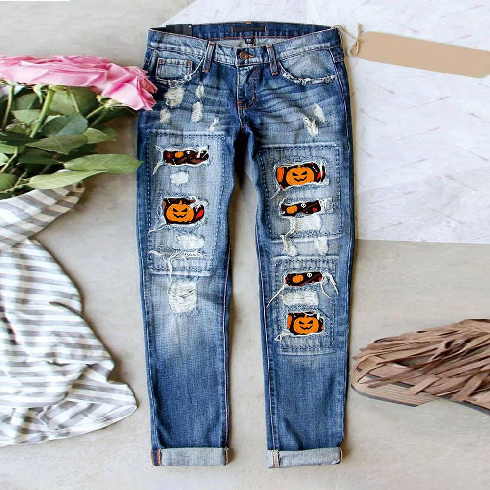 Damen Jeans im kreativen Design mit Spooky-Motiven und lässigem Fit EB