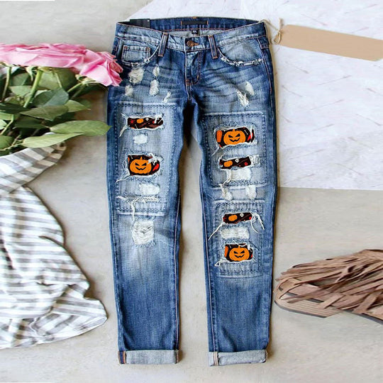Damen Jeans im kreativen Design mit Spooky-Motiven und lässigem Fit EB