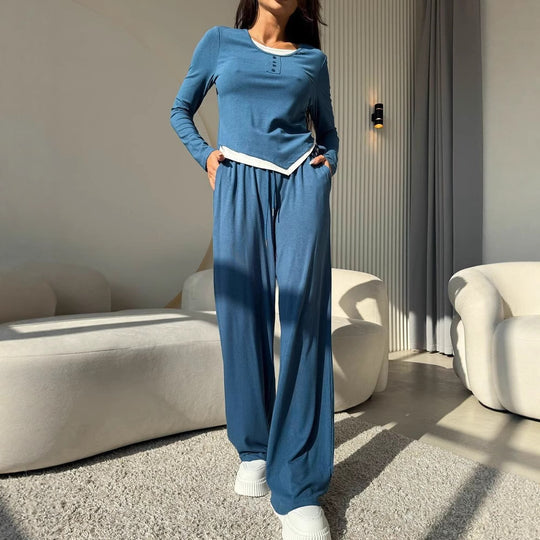 Damen lässiges Freizeit-Set mit Knopfdetails und elastischem Bund EB