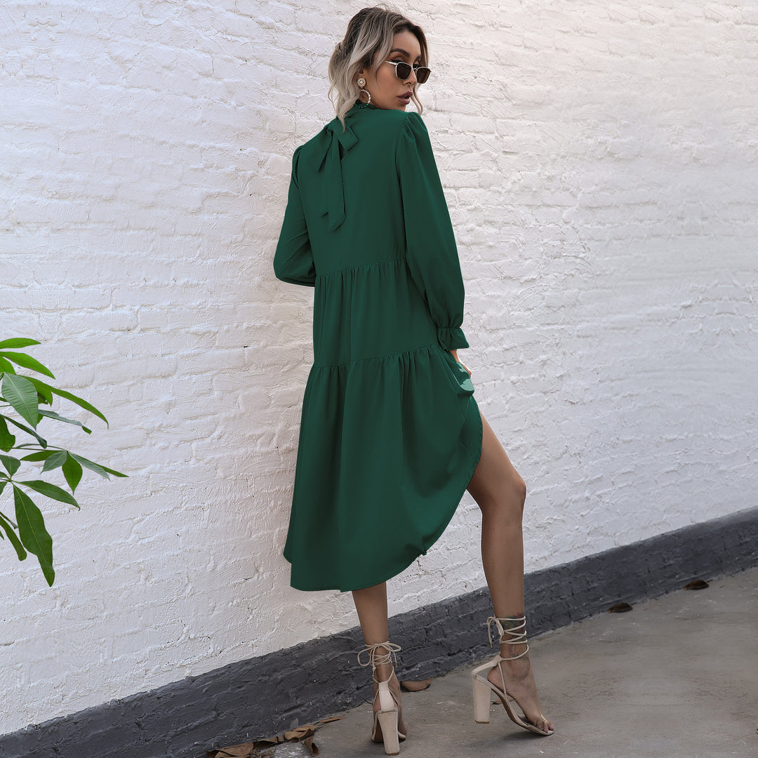Damen elegantes, schwingendes Midi-Kleid mit Rüschen und langen Ärmeln EB