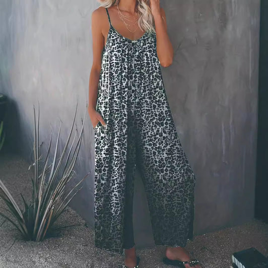 Damen Lockere Jumpsuit mit Animal-Print und praktischen Taschen EB