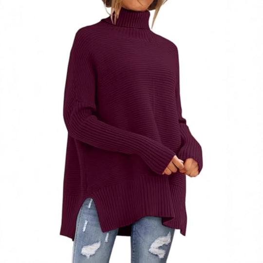 Damen Oversize-Rippenstrick Rollkragenpullover mit Seitenschlitzen und verlängertem Saum EB