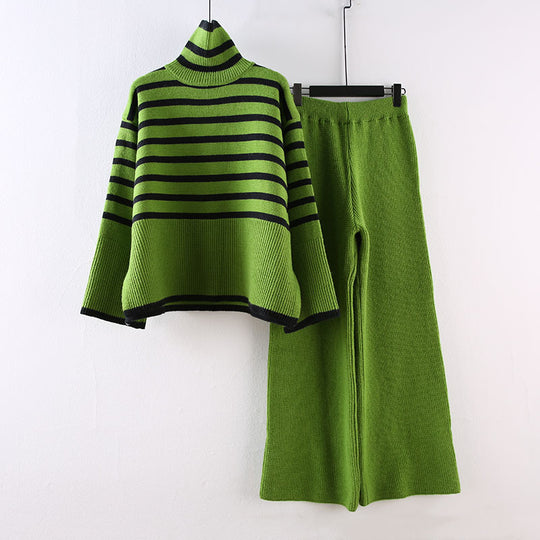 Damen Lässiges Strickensemble mit hohem Kragen und breiten Ärmeln EB