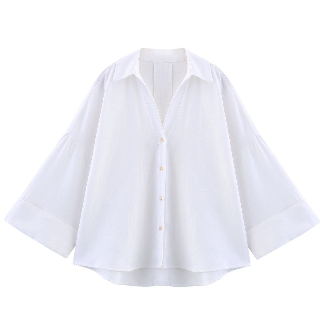 Damen lässige Bluse mit voluminösen Ärmeln und durchgehender Knopfleiste EB