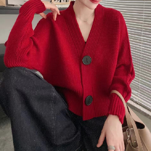 Damen modische Strickjacke mit großen Knöpfen und seitlich offenen Ärmeln EB