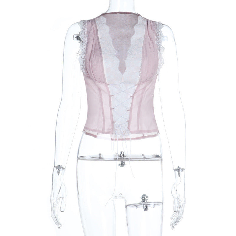 Damen Spitzen-Crop-Top mit raffinierten Rüschendetails und lässigem Schnitt EB