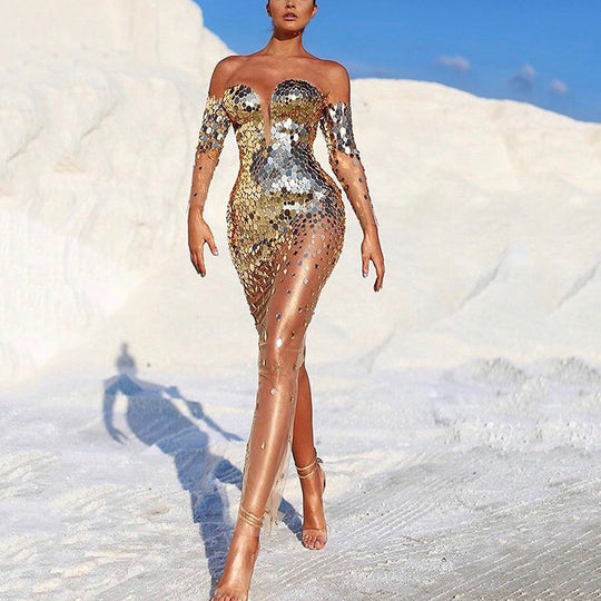 Damen Glitzerndes Abendkleid mit transparenten Ärmeln EB
