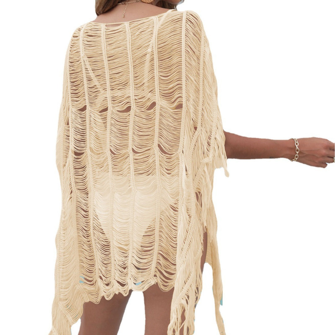 Damen eleganter transparenter Strandüberwurf mit Fransen EB