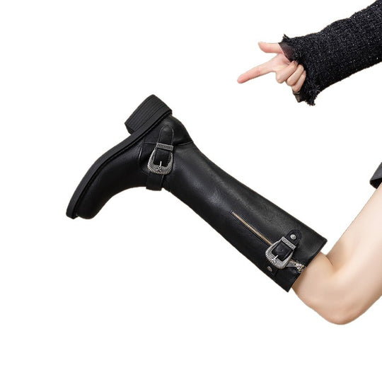 Damen modische Lederstiefel mit trendy Schnallen und komfortabler Sohle EB