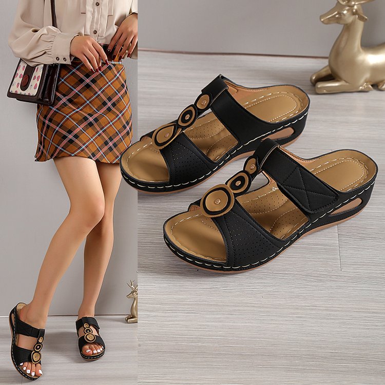 Damen Bequeme Wedge-Pantoletten mit verstellbaren Riemen und anatomischem Fußbett EB