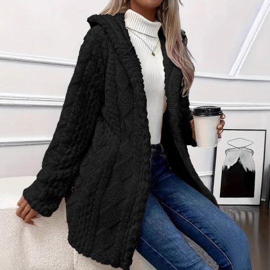 Damen kuscheliger Oversized-Mantel mit Kapuze und Knopfleiste EB