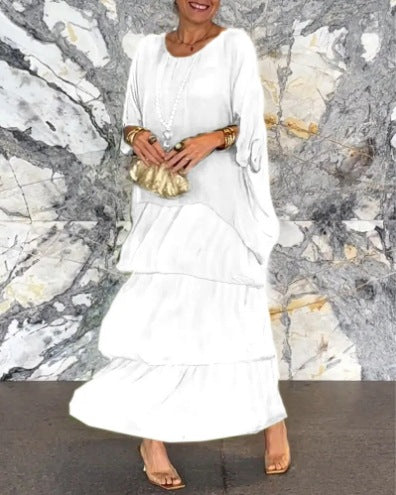 Damen Maxikleid mit fließendem Rock und eleganten Rüschendetails Heidi-Mode