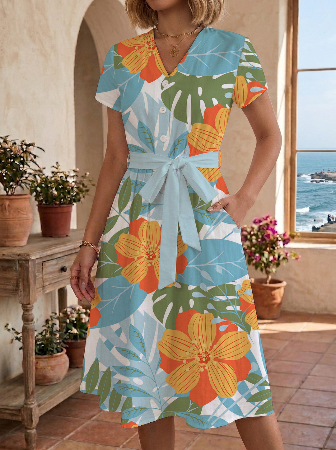Damen Midi-Kleid mit floralem Design und bequemer Passform EB