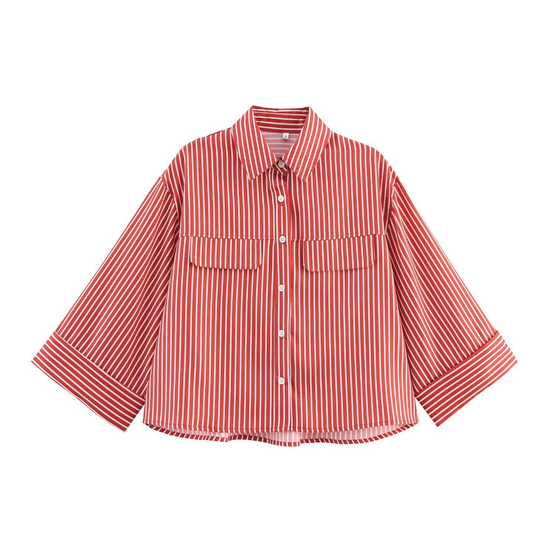 Damen gestreifte Bluse mit voluminösen Ärmeln und praktischen Taschen EB