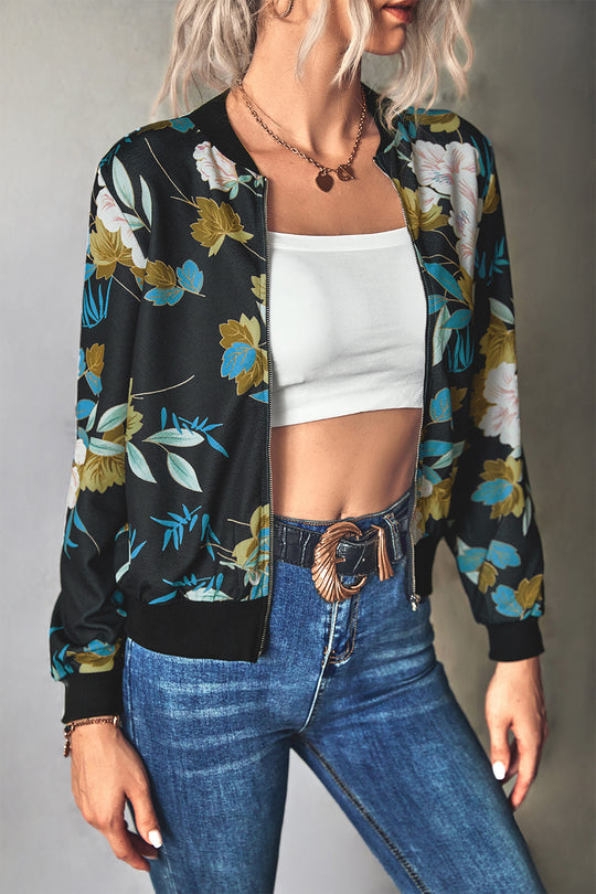 Damen Blütenmuster Freizeitjacke mit Reißverschluss und elastischen Bündchen EB