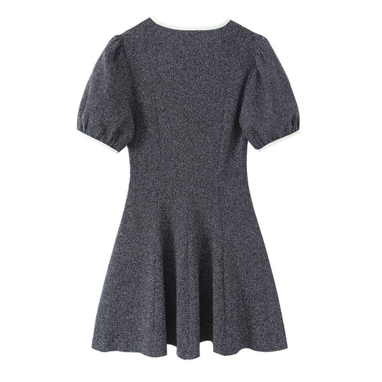 Damen Kurzarm Kleid mit eleganter Schleifenapplikation und V-Ausschnitt EB