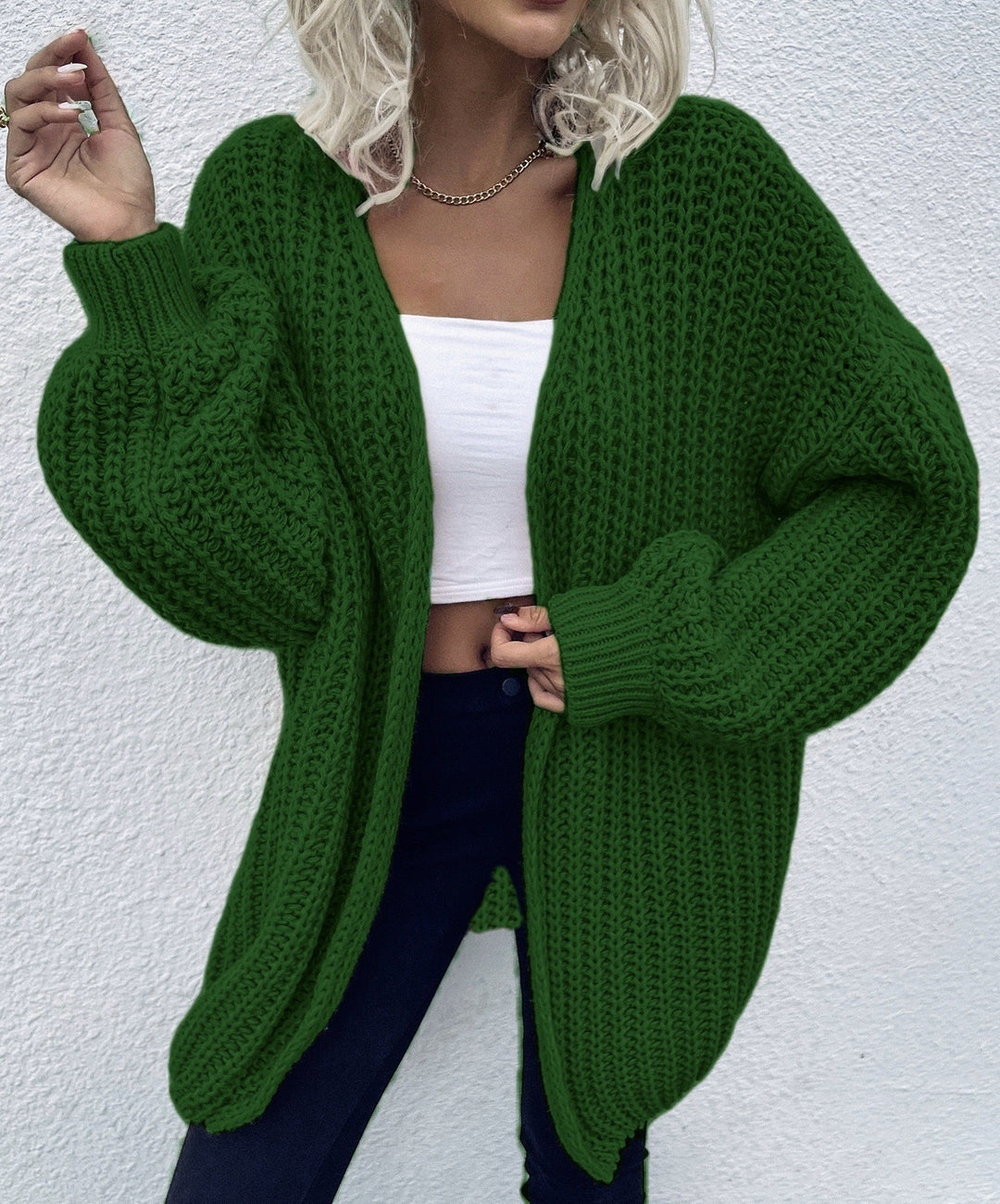 Damen lässiger Grobstrick-Cardigan mit tiefen Taschen und voluminösen Ärmeln EB