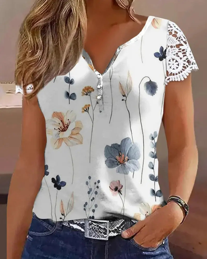 Damen Kurzarmbluse mit Spitze und floralen Akzenten EB