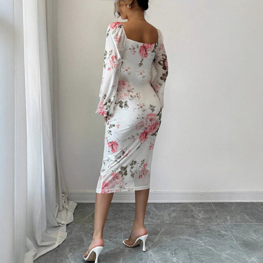 Damen Tailliertes Midikleid mit quadratischem Ausschnitt, Ballonärmeln und floralem Stretchjersey EB