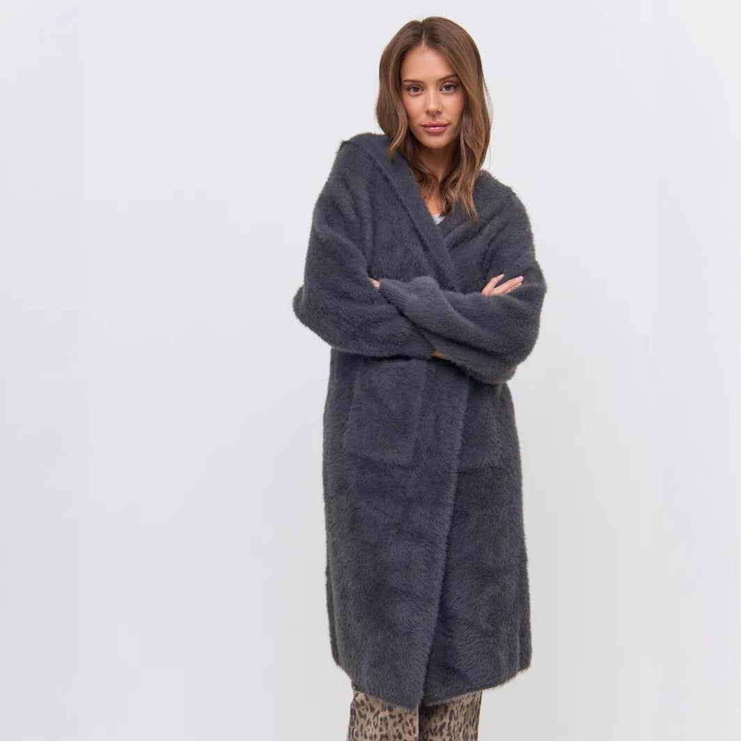 Damen Kapuzen-Strickmantel mit luxuriösem Flauschteil EB