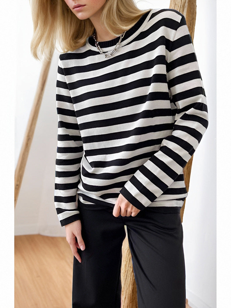Damen gestreifter Langarmpullover mit Rundhalsausschnitt und lässigem Schnitt EB