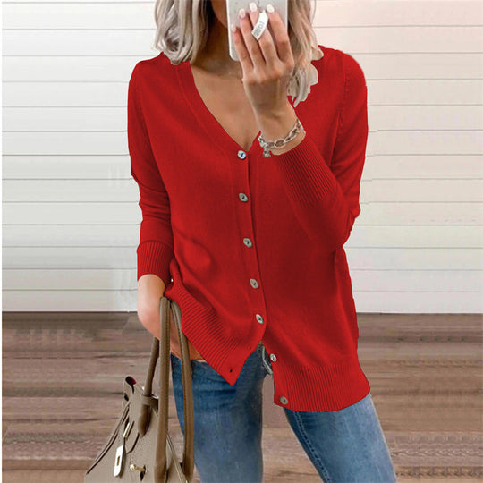 Damen Strickjacke mit Modernen Knopfdetails und Tiefem V-Ausschnitt EB