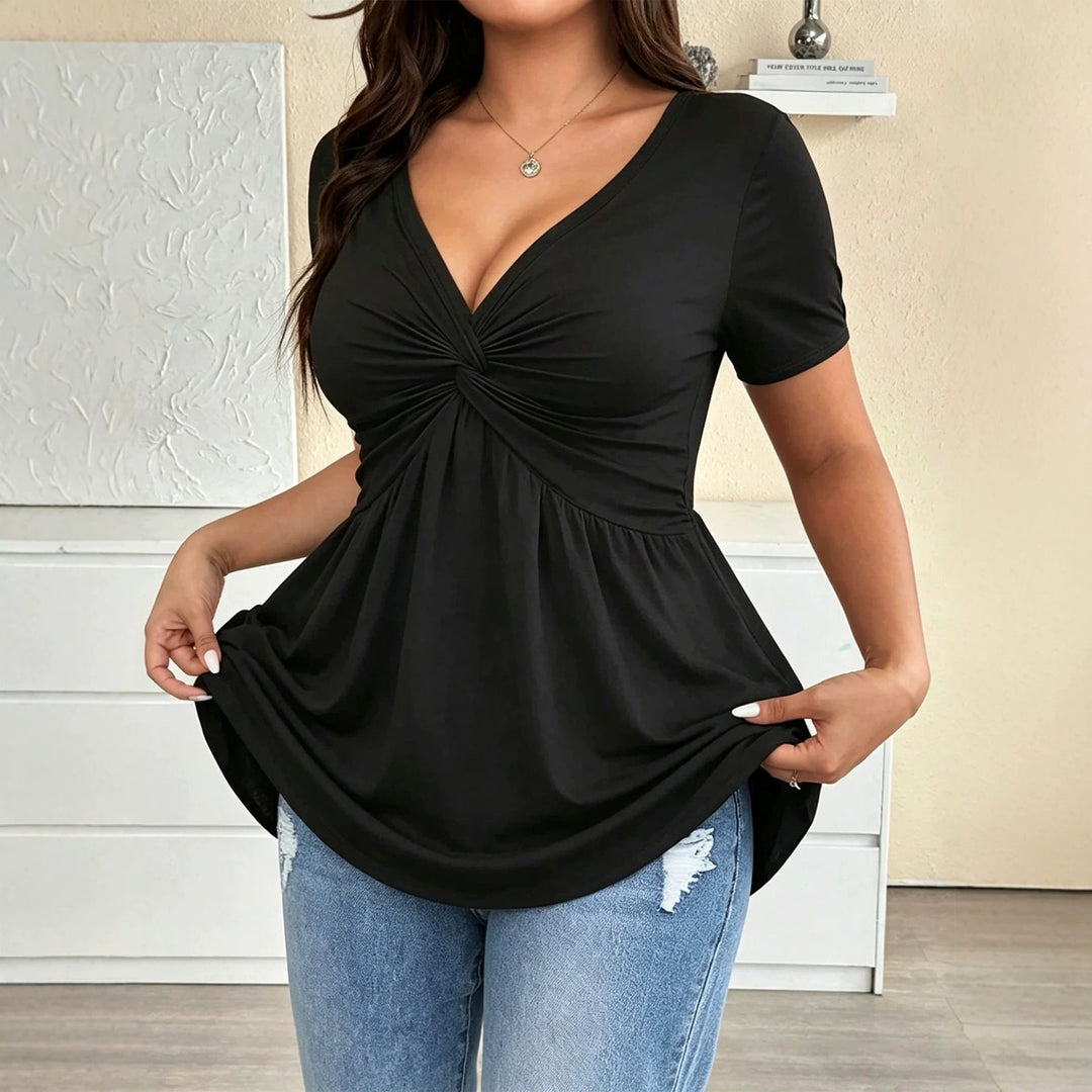 Damen Kurzarm-Bluse mit raffiniertem Wickeldesign und V-Ausschnitt EB