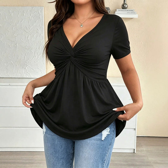 Damen Kurzarm-Bluse mit raffiniertem Wickeldesign und V-Ausschnitt EB