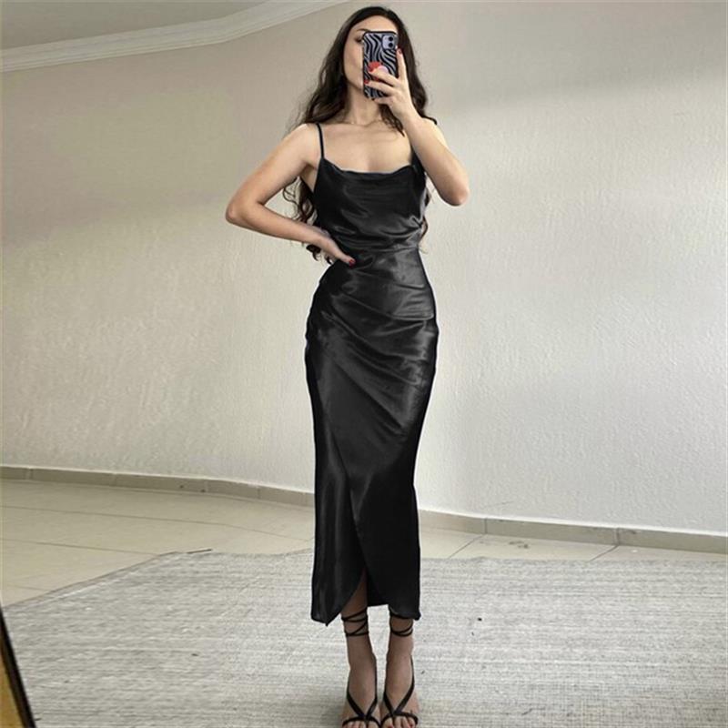 Damen Satin Maxikleid mit elegantem Schlitz und verführerischem Ausschnitt EB