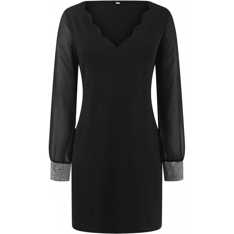 Damen Elegantes V-Ausschnitt Minikleid mit transparenten langen Ärmeln und Edelsteinakzenten EB