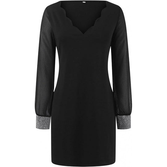 Damen Elegantes V-Ausschnitt Minikleid mit transparenten langen Ärmeln und Edelsteinakzenten EB