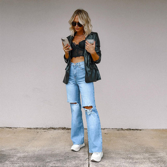 Damen Gefütterte Wide-Leg Jeans mit modischen Rissen und hohem Bund EB