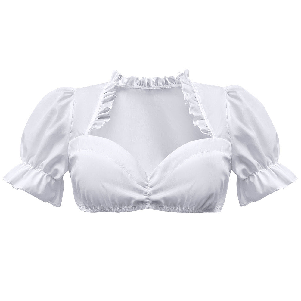 Damen nan traditionelle Dirndlbluse kurz mit Puffärmeln Herzausschnitt und Rüschendetail EB